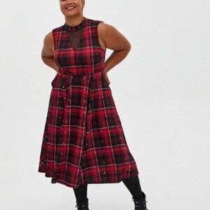 TORRID Plaid Scuba Knit Dress Swing Mock Neck Red Studs Dark Academia (1469)